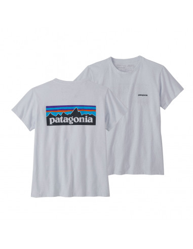 Patagonia Dámské Tričko P-6 Logo Responsibili-Tee® Bílá Offbody Zepředu a Zezadu