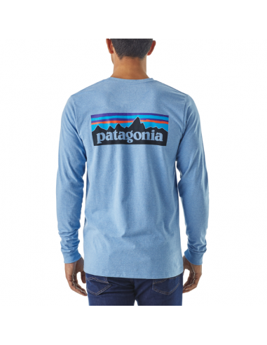 Patagonia Pánské Tričko S Dlouhým Rukávem P-6 Logo Responsibili-Tee Železniční Modrá Onbody Zezadu