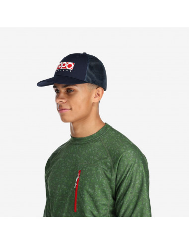 Topo Designs Topo Trucker Hat Box Logo Navy Onbody Front