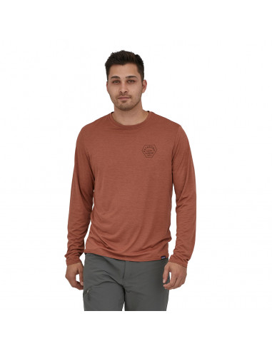 Patagonia Mens Long Sleeved Capilene Cool Daily Graphic Shirt Clean Climb Type: Sisu Brown X-Dye Onbody Front