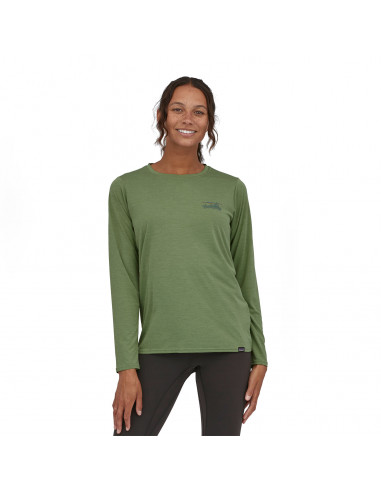 Patagonia Womens Long Sleeved Capilene Cool Daily Graphic Shirt '73 Skyline: Sedge Green Grey X-Dye Onbody Front