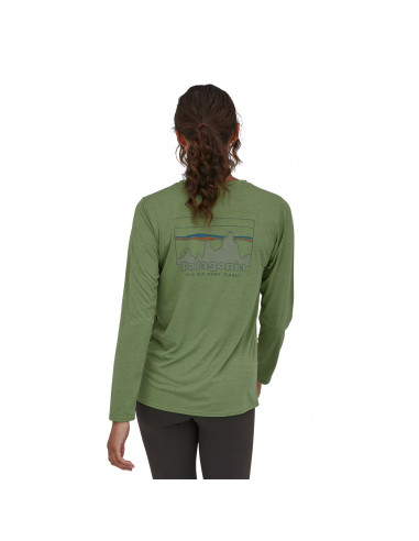 Patagonia Womens Long Sleeved Capilene Cool Daily Graphic Shirt '73 Skyline: Sedge Green Grey X-Dye Onbody Back