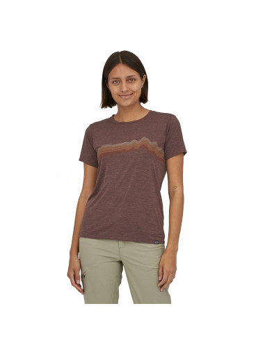 Patagonia Womens Capilene® Cool Daily Graphic Shirt Ridge Rise Stripe: Cone Brown X-Dye Onbody Front