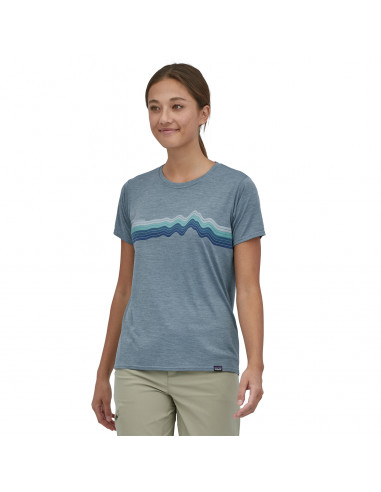 Patagonia Womens Capilene® Cool Daily Graphic Shirt Ridge Rise Stripe: Light Plume Grey X-Dye Onbody Front
