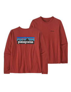 Patagonia Dámské Tričko s Dlouhým Rukávem P-6 Logo Responsibili-Tee Burl Rudá Offbody Zepředu a Zezadu