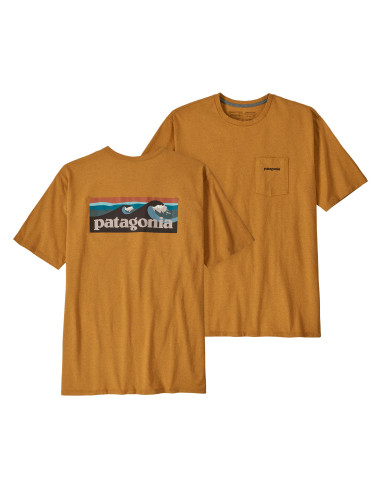Patagonia Pánské Tričko S Kapsou Boardshort Logo Responsibili-Tee Evening Maue Dried Mango Zepředu a Zezadu