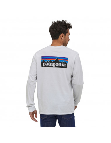 Patagonia Mens Long-Sleeved P-6 Logo Responsibili-Tee White Onbody Back