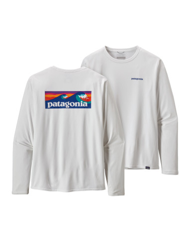 Patagonia Mens Long-Sleeved Capilene® Cool Daily Graphic Shirt - Waters Boardhort Logo White Offbody Front & Back