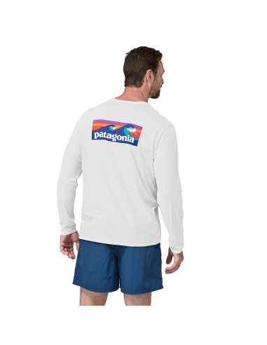 Patagonia Mens Long-Sleeved Capilene® Cool Daily Graphic Shirt - Waters Boardhort Logo White Onbody Back