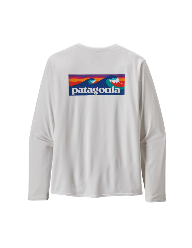 Patagonia Mens Long-Sleeved Capilene® Cool Daily Graphic Shirt - Waters Boardhort Logo White Offbody Back