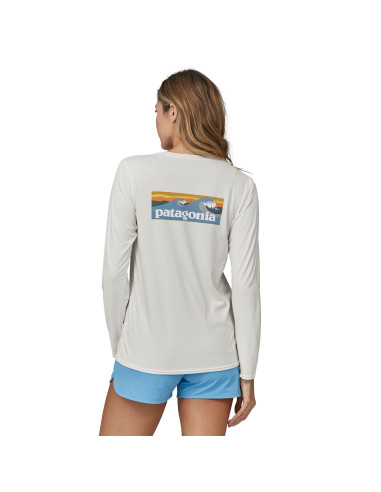 Patagonia Womens Long-Sleeved Capilene® Cool Daily Graphic Shirt - Waters Boardshort Logo White Onbody Back
