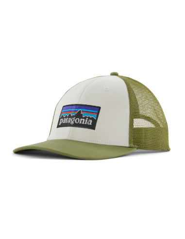 Patagonia P-6 Logo LoPro Trucker Hat White w/Buckhorn Green Offbody Front