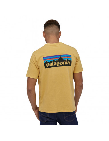 Patagonia Pánske Tričko P-6 Logo Responsibili-Tee Surfboard Žltá Onbody Zozadu
