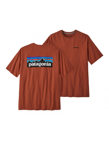 Patagonia Pánské Tričko P-6 Logo Responsibili-Tee Quartz Korálová Offbody Zepředu a Zezadu