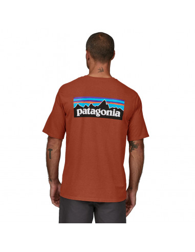 Patagonia Mens P-6 Logo Responsibili-Tee Quartz Coral Onbody Back