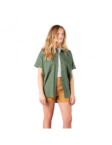 Topo Designs Womens Oversized Shirt Short Sleeve Olive Onbody Front 2