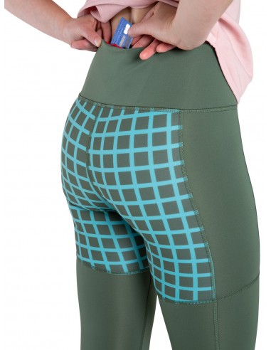 Topo Designs Womens Sport Tights Olive Grid Onbody Back