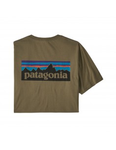 Patagonia Pánské Tričko P-6 Logo Organická Bavlna Šalvějová Khaki Offbody Zezadu