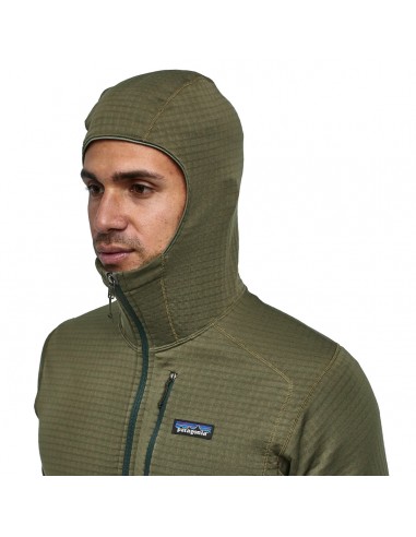 Patagonia Mens R1 Fleece Full-Zip Hoody Industrial Green Onbody Front Hood Detail