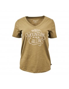 United by Blue Womens Mountains Are Calling Graphic V Neck Tee Olive Front